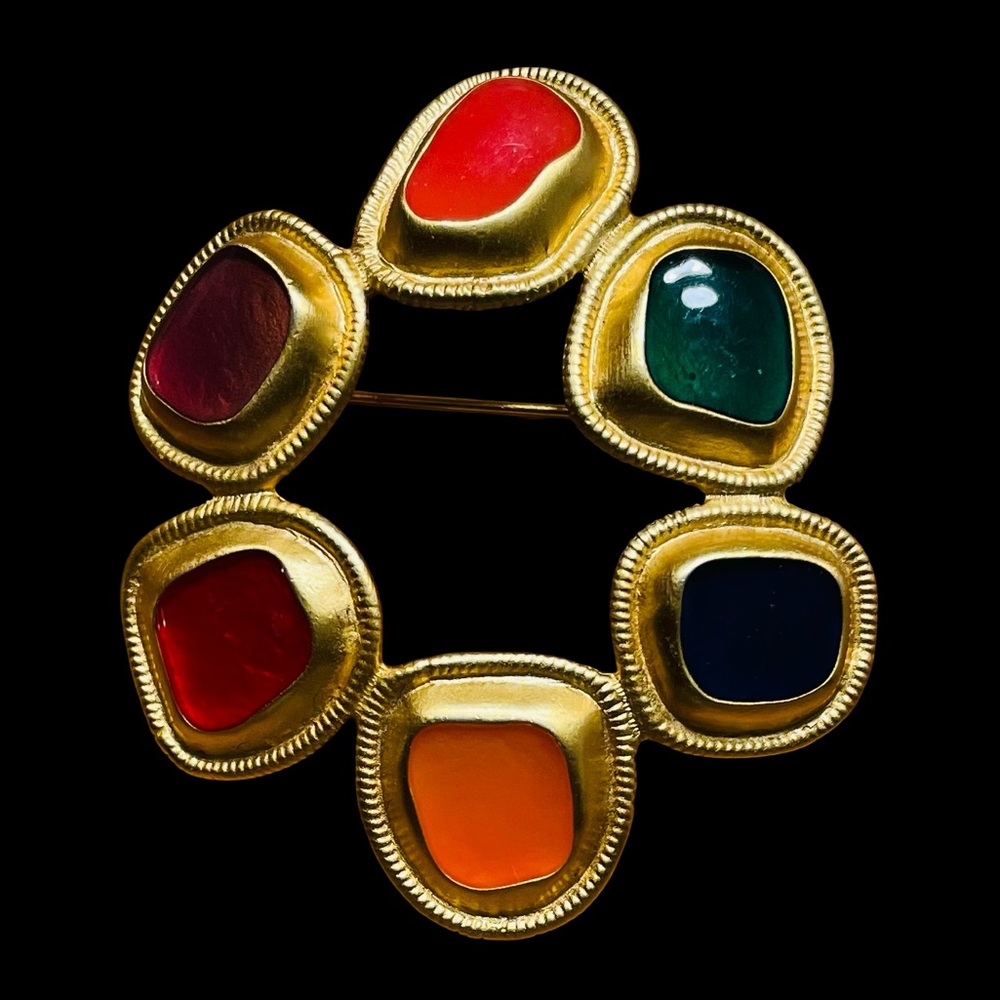 Vintage 90s Anne Klein Byzantine Jewels Brooch Multicolored Glass In Goldtone - Picture 2 of 4
